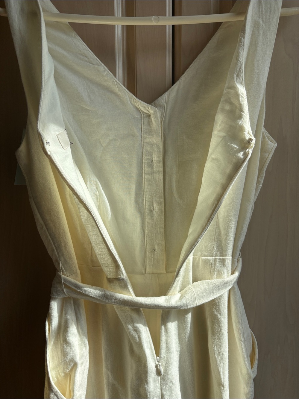 LOFT Cream Button-Front Linen Midi WIDE LEG JUMPSUIT Waist Tie NWT - Picture 7 of 9